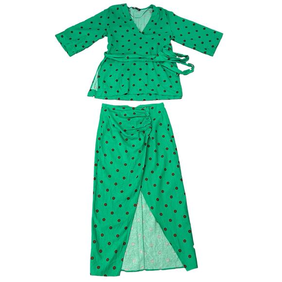 Zara Green Brown Polka Dot Midi Skirt Half Sleeve Top Set size S Blogger Fave - Picture 8 of 16